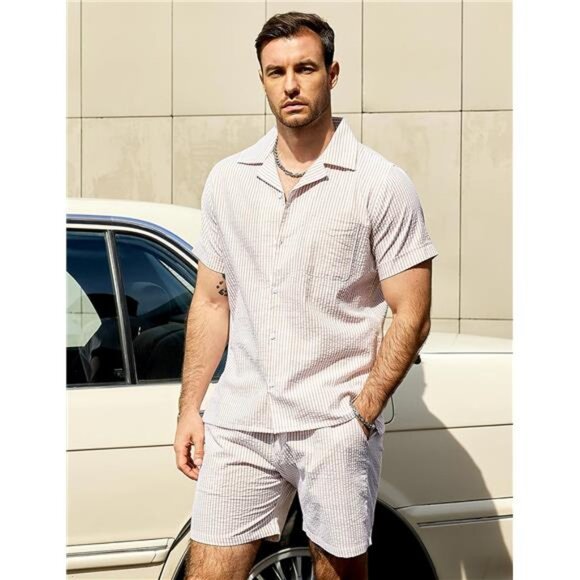Men's Casual 2 Piece Outfits Short Sleeve Button Down Summer Set - Picture 3 of 7